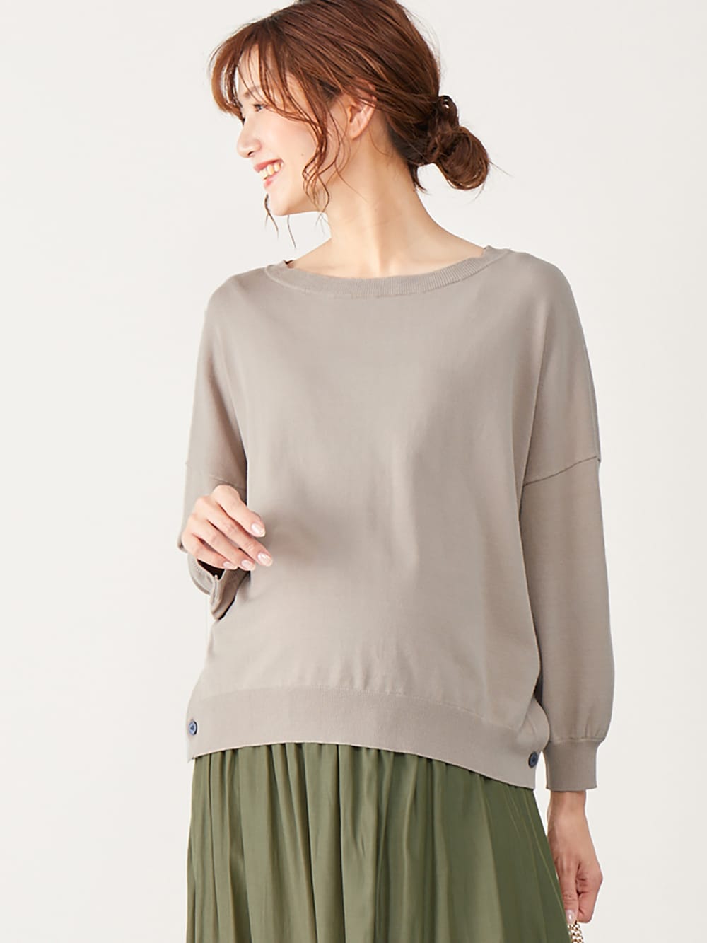 マタニティ トップス|サイドボタンニットトップス　マタニティ・授乳服【出産後も長く使える】|ベージュ